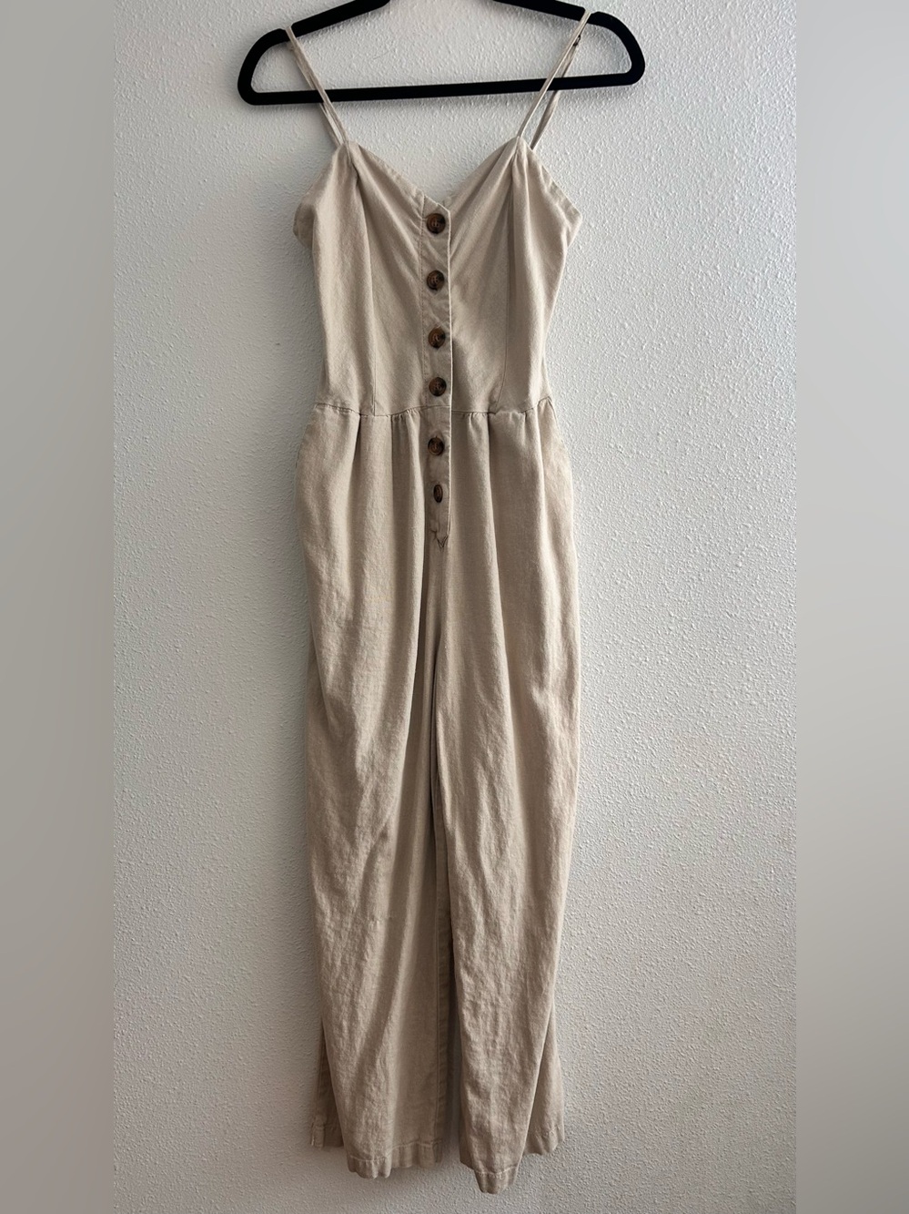 Ci Sono Beige Button-Front Linen-Blend Jumpsuit